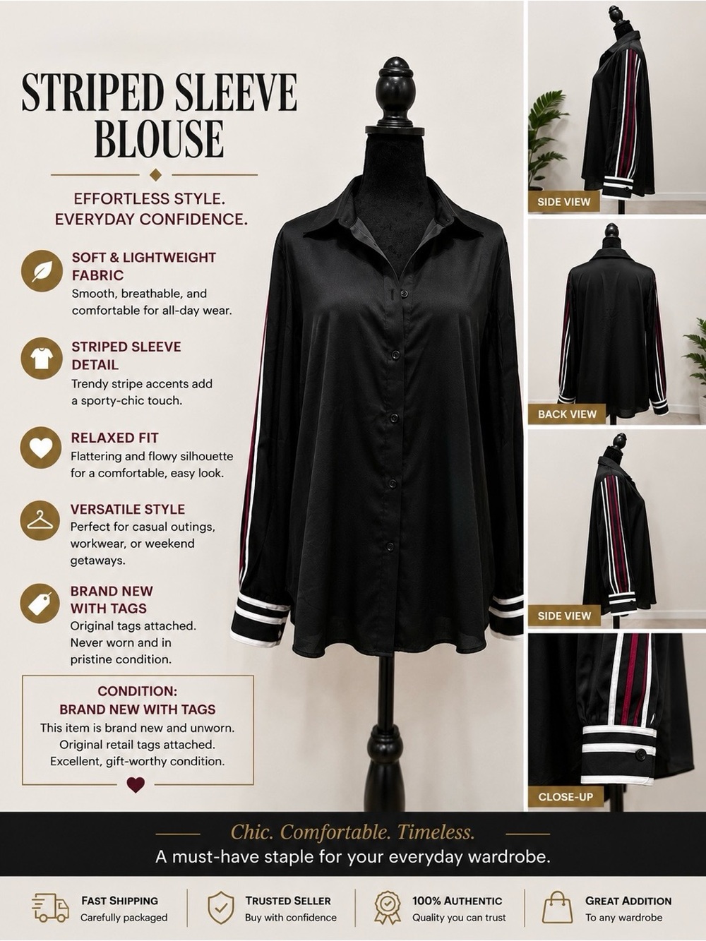 NWT - Black Striped Sleeve Button-Down Blouse | Chic Long Sleeve Top